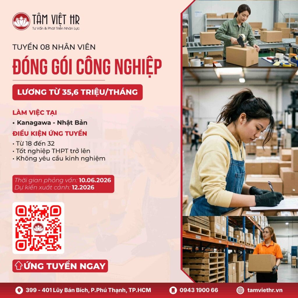 Tuyển 8 nhân viên Đóng gói công nghiệp làm việc tại Nhật Bản