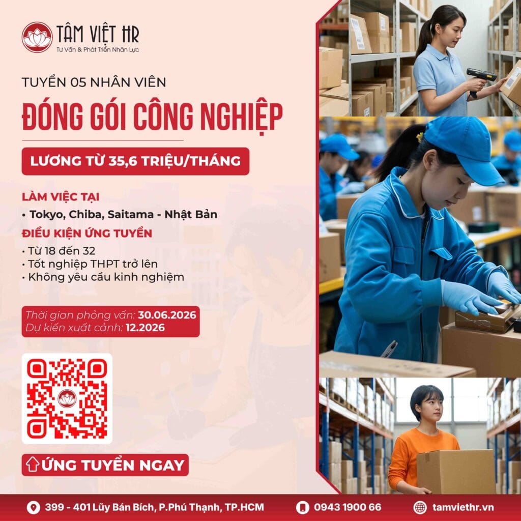 Tuyển 5 nhân viên Đóng gói công nghiệp làm việc tại Nhật Bản